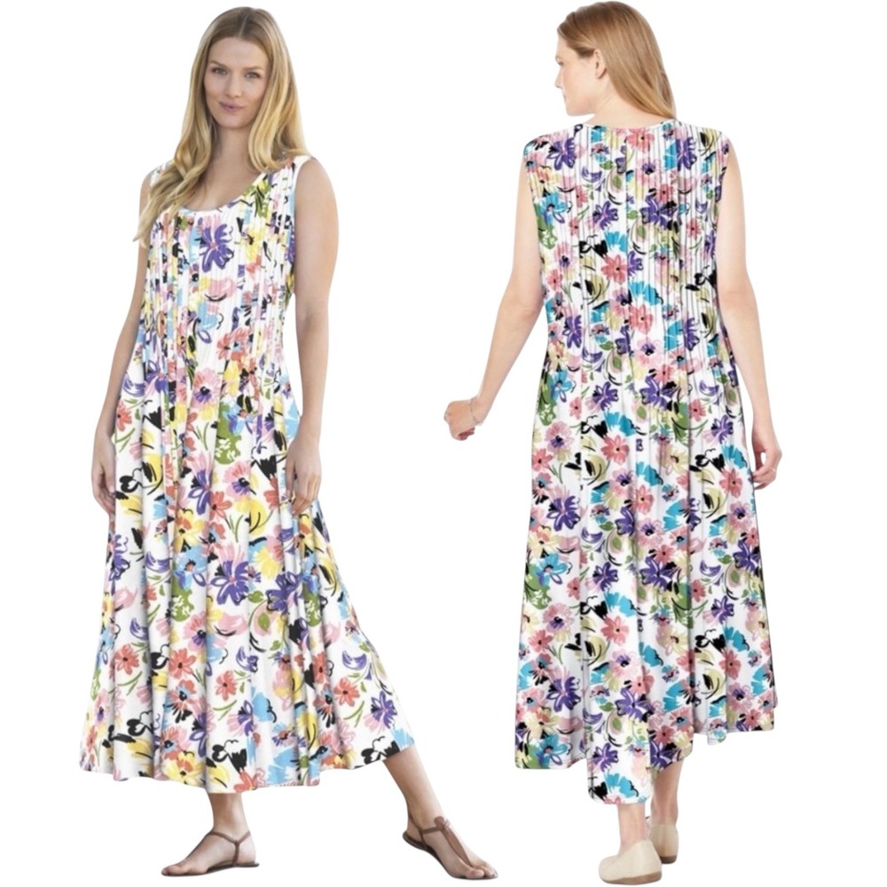 Woman Within Floral Pintuck Maxi Dress Womens 14/16 M Multi Color Sleeveless New